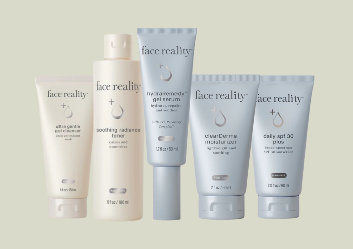 Ultra Gentle Gel Cleanser, Soothing Radiance Toner, hydraRemedy Gel Serum, Clearderma Moisturizer, and Daily SPF 30 Plus